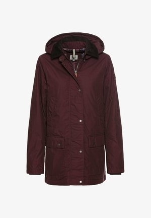 Burgunderfarbene wasserdichte Jacke mit Kapuze, Kordkragen, Druckknopfverschluss, zwei seitlichen Taschen und einem gesteppte Innenfutter.