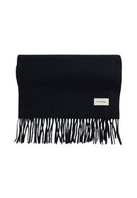 Bufanda de lana negra con bordes de flecos y una pequeña etiqueta de logo. El material tiene una textura suave con un diseño rectangular simple.