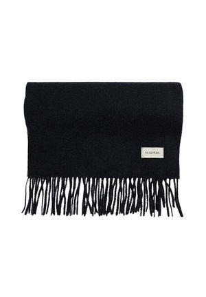 Bufanda de lana negra con bordes de flecos y una pequeña etiqueta de logo. El material tiene una textura suave con un diseño rectangular simple.