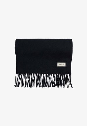Bufanda de lana negra con bordes de flecos y una pequeña etiqueta de logo. El material tiene una textura suave con un diseño rectangular simple.