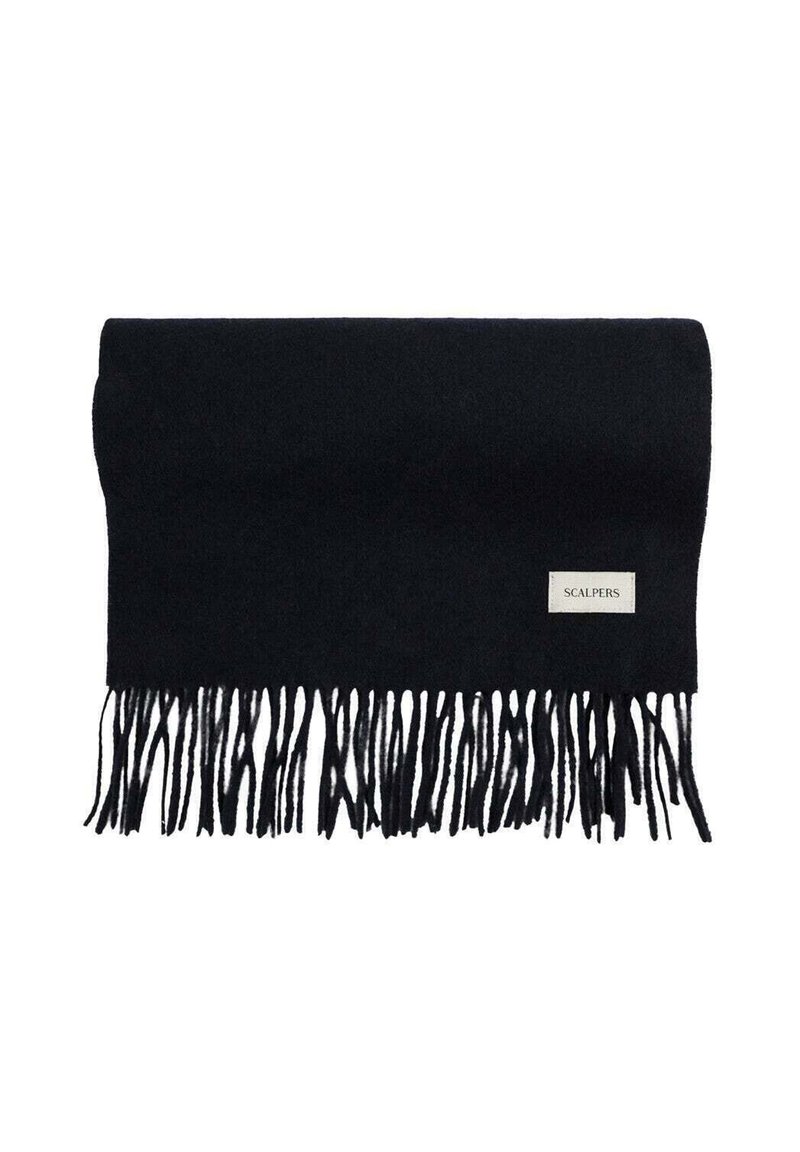 Bufanda de lana negra con bordes de flecos y una pequeña etiqueta de logo. El material tiene una textura suave con un diseño rectangular simple.