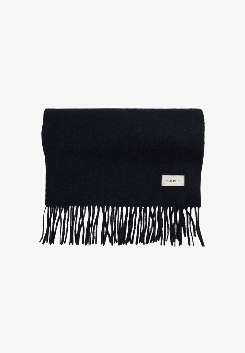 Zwarte wollen sjaal met franjes en een klein logolabel. Het materiaal heeft een zachte textuur en een eenvoudig, rechthoekig ontwerp.