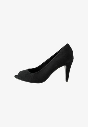 Čierna semišová vysoká podpätková topánka s otvoreným prstom, s elegantným strihom a lesklým stiletto podpätkom.
