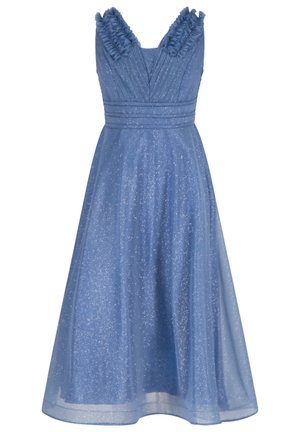 Niebieska sukienka bez rękawów z połyskującego materiału, dopasowanym gorsetem z plisowanymi i falbanowymi detalami oraz rozkloszowaną, midi spódnicą.