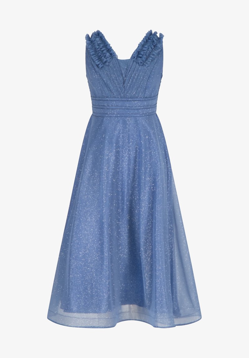 Robe bleue sans manches en tissu pailleté, corsage ajusté avec des détails plissés et volantés, et jupe midi évasée.