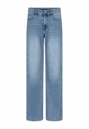 Lichtblauwe rechte spijkerbroek met knoop- en ritssluiting aan de voorkant, voor- en achterzakken en lussen voor een riem.