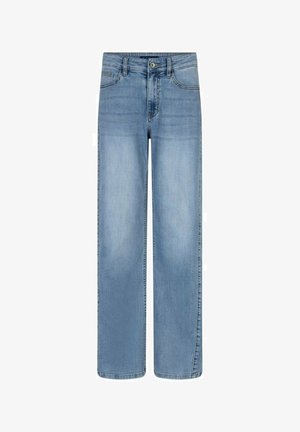 Lichtblauwe rechte spijkerbroek met knoop- en ritssluiting aan de voorkant, voor- en achterzakken en lussen voor een riem.