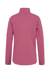 Chaqueta de manga larga en un color rosa sólido, con un cuello alto y una tela suave y ligera, con un diseño aerodinámico y detalles de costura.