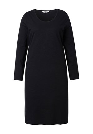 Czarna sukienka z długim rękawem, wykonana z miękkiej tkaniny, z okrągłym dekoltem i prostym krojem, bez widocznych wzorów czy zdobień.