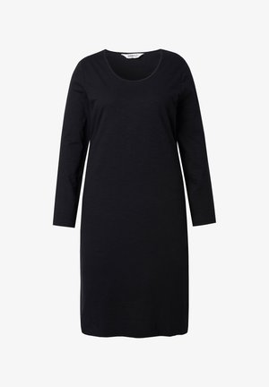 Abito nero a maniche lunghe in tessuto morbido, con scollo rotondo e taglio dritto, senza motivi o decorazioni visibili.