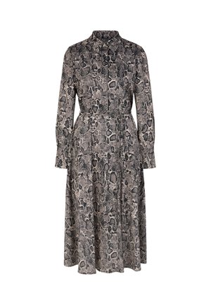Langdurige jurk in een slangenprint ontwerp, met een kraag hals, een aansluitende taille en een vloeiende rok in beige en zwarte tinten.