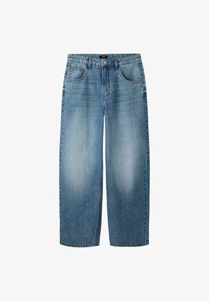 Svetlomodré široké rifle so stredne vysokým pásom, prednými vreckami, pútkami na opasok, zapínaním na gombík a vyblednutým efektom na stehnách a kolenách.