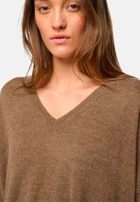 Pull en V brun en tricot doux. Présente une coupe décontractée et une surface texturée, avec une couture subtile le long de l'encolure.