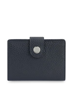 Schwarzes strukturiertes Lederportemonnaie mit Druckknopfverschluss an einer Lasche, rechteckig, geschlossen und minimalistischem Design.