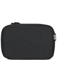 Borsa rettangolare nera realizzata in tessuto liscio, con chiusura a zip e un piccolo etichetta con il marchio. Design piatto senza motivi o accenti visibili.