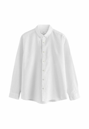 Weißes langärmliges Hemd mit klassischem Kragen, gefertigt aus Stoff mit glatter Textur, mit dezenten Knopfdetails.