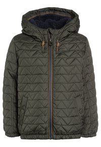 Quiltet olivengrønt jakke med hætte, med lynlås foran, blå foring og to sidelommer. Struktureret stof med diamantmønster.