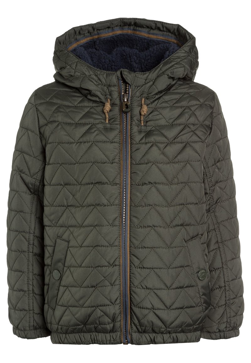 Quiltet olivengrønt jakke med hætte, med lynlås foran, blå foring og to sidelommer. Struktureret stof med diamantmønster.