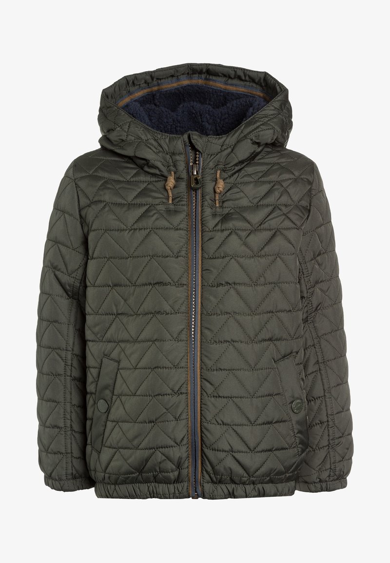 Quiltet olivengrønt jakke med hætte, med lynlås foran, blå foring og to sidelommer. Struktureret stof med diamantmønster.