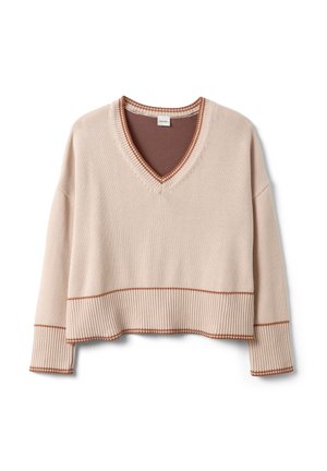 Maglione beige con scollo a V e bordi a coste marroni su collo, polsini e orlo, caratterizzato da una vestibilità leggermente corta e larga.