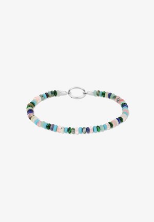 Mehrfarbige Perlenarmband mit runden, polierten Steinen in Grün-, Blau-, Rosa- und Lilatönen, verbunden durch silberne Beschläge.