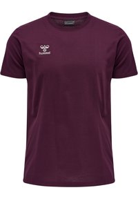 Bordeaux bomulds T-shirt med rund hals og korte ærmer, med et hvidt broderet Hummel-logo på venstre bryst.