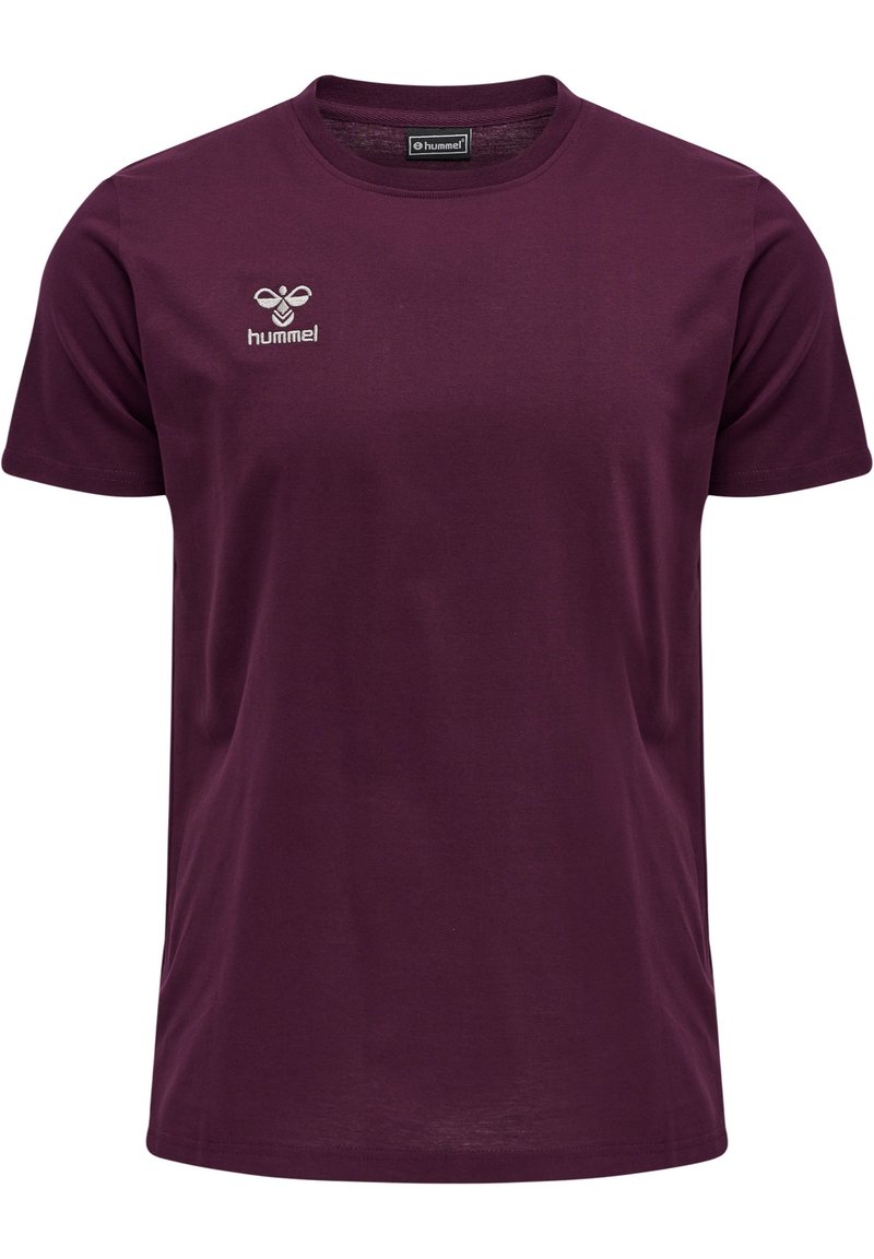 Bordeaux bomulds T-shirt med rund hals og korte ærmer, med et hvidt broderet Hummel-logo på venstre bryst.
