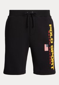 Schwarze Baumwollshorts mit einem elastischen Bund und Kordelzug. Mit 'POLO SPORT' in Gelb, 'RALPH LAUREN' in Rot und einer kleinen amerikanischen Flagge.