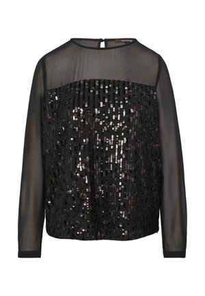 Czarna bluzka z długim rękawem, z przodem ozdobionym cekinami w pionowe wzory, przezroczystym tyłem oraz okrągłym dekoltem z zapięciem na guzik z tyłu.