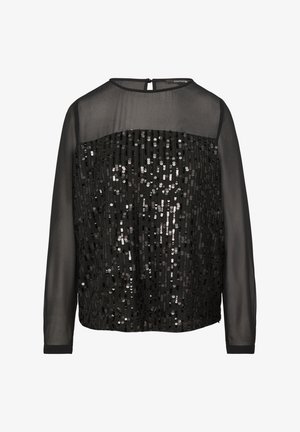Schwarzes Langarmoberteil mit einer mit Pailletten verzierten Vorderseite im vertikalen Muster, transparentem Rücken und rundem Ausschnitt mit einer Knopfverschluss am Rücken.