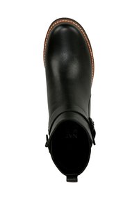 Bottine en cuir noir avec bout arrondi, fermeture éclair sur le côté et détails de couture contrastés. Texture lisse avec une semelle robuste.