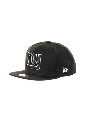 Black snapback cap with a flat brim, featuring a white embroidered "ny" logo and branding accent on the side. Made from fabric.