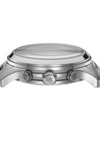 Silberne Armbanduhr aus Edelstahl mit rundem Gehäuse, auffälliger Krone und Unterzifferblättern, polierter Oberfläche und transparentem Glas.
