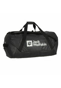 Zwarte sporttas van waterdicht materiaal met twee handvatten aan de bovenkant, een verstelbare schouderband en een wit logo aan de zijkant.