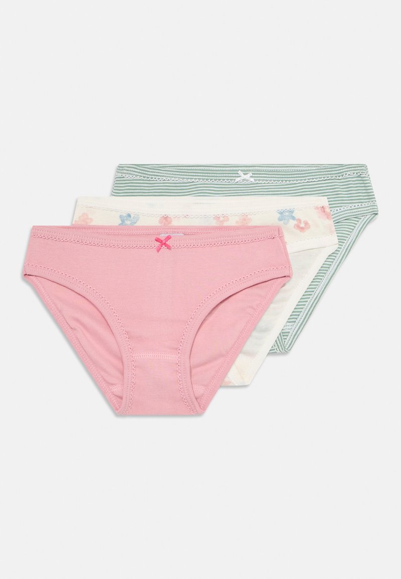 Three girls' cotton briefs in pink with bow, cream floral print, and green striped patterns, arranged overlapping on white background.