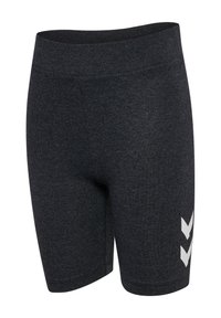 Mörkgrå atletiska shorts i en figurnära design, tillverkade av stretchig tyg med en mjuk textur. Har vita chevron-accenter på sidan.