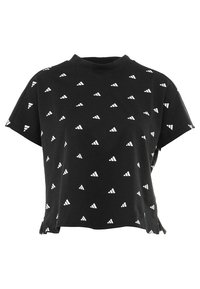 Černý krátký rukávový crop top s vysokým výstřihem, zdobený opakujícím se malým bílým trojúhelníkovým vzorem.