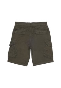 Pantaloni cargo verde oliva con finitura texturizzata, dotati di numerose tasche laterali, passanti per cintura e un design dalla vestibilità comoda.