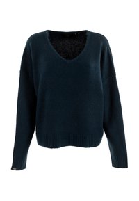 Maglione a maglia blu scuro con scollatura a V, maniche lunghe e polsini e orlo a coste.