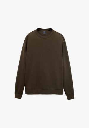 Brown cotton sweatshirt with a round neckline, long sleeves, ribbed cuffs, and a relaxed fit. Smooth texture with no visible patterns.