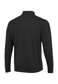 Schwarzer Pullover mit hohem Kragen, langen Ärmeln und einer lockeren Passform. Mit einer Naht entlang des Rückens sowie gerippten Bündchen und Saum.