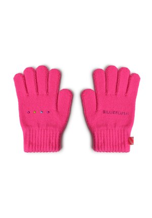 Gants tricotés rose vif à cinq doigts, petits points colorés sur un gant, et une étiquette en tissu au poignet, présentés côte à côte.