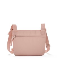Borsa a tracolla rosa in tessuto con tracolla regolabile, tasca frontale con cerniera, forma rettangolare, texture liscia e design minimalista.