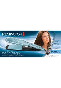Remington Wet 2 Straight hårrettetang med brede, akvafargede plater, keramisk belegg, og svart grep for ergonomisk bruk.