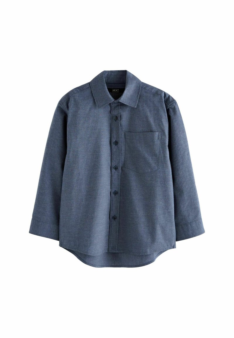 Blau gestreiftes Langarmhemd mit Kragen, Vorderknöpfen und einer Brusttasche. Hergestellt aus strukturierter Stoff mit abgerundetem Saum.