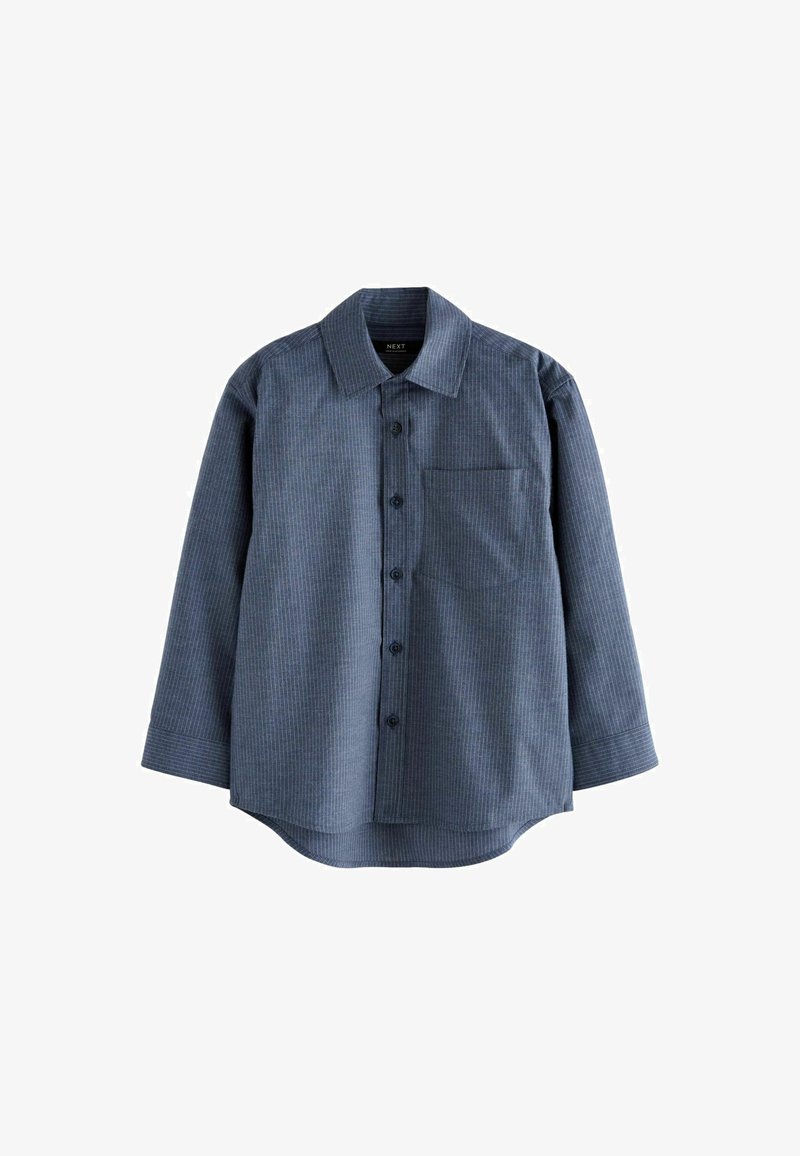 Blau gestreiftes Langarmhemd mit Kragen, Vorderknöpfen und einer Brusttasche. Hergestellt aus strukturierter Stoff mit abgerundetem Saum.