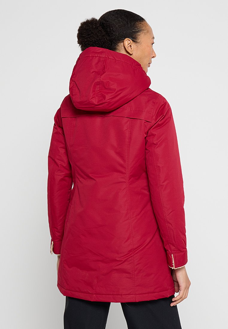 Rote Steppjacke mit Kapuze, mittellang, mit glatter Textur und gesteppter Ausführung an den Ärmeln und am Rücken.
