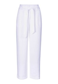 Weiße Leinenhose mit einem gebundenen Gürtel an der Taille, weitem Bein und glatter Textur. Verfügt über zwei frontale Taschen und einen Knopfverschluss.