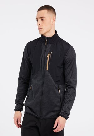 Zwart en grijs zip-up jack met een hoge kraag, voorzien van texturestof, twee met rits afgesloten zakken en gouden accenten op de ritsen.
