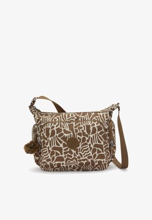 Braune und cremefarbene Schultertasche mit Muster, einem Reißverschluss-Hauptfach, einer Fronttasche und braunem Riemen. Mit einem pelzigen Anhänger versehen.